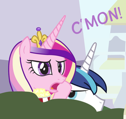 Size: 500x469 | Tagged: source needed, useless source url, safe, artist:dm29, princess cadance, shining armor, alicorn, pony, unicorn, g4, cropped, duo, female, frown, glare, horn, male, mare, oh come on, open mouth, popcorn, princess of love, reaction image, shining armor is not amused, stallion, unamused