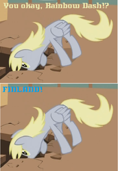 Size: 490x714 | Tagged: safe, edit, edited screencap, screencap, derpy hooves, rainbow dash, g4, the last roundup, caption, doodlebob, finland, frankendoodle, offscreen character, parody, quote, reference, spongebob squarepants, text