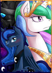 Size: 2480x3506 | Tagged: safe, artist:vavacung, princess celestia, princess luna, changeling, comic:when villain win, g4, blushing, fake celestia, high res, poster