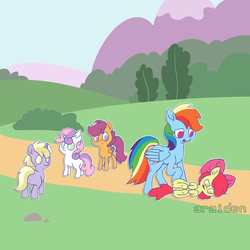 Size: 1500x1500 | Tagged: safe, artist:araiden, apple bloom, dinky hooves, rainbow dash, scootaloo, sweetie belle, earth pony, pegasus, pony, unicorn, fanfic:bittersweet, mentally advanced series, rainbow dash presents, g4
