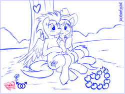 Size: 1427x1070 | Tagged: safe, artist:jcosneverexisted, braeburn, soarin', g4, apple, blushing, duo, duo male, food, gay, hat, heart, hearts and hooves day, holding hooves, male, monochrome, ship:soarburn, shipping, signature, simple background, sitting, spread wings, stallion, tree, valentine, valentine's day, white background, wings