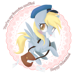 Size: 1058x1041 | Tagged: safe, artist:ne-chi, derpy hooves, pegasus, pony, g4, blushing, cute, derpabetes, female, heart eyes, letter, mailbag, mailmare, mare, mouth hold, solo, valentine's day, wingding eyes