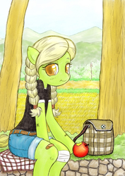 Size: 1200x1694 | Tagged: safe, artist:sigpi, granny smith, earth pony, semi-anthro, g4, adorasmith, apple, bandaid, braid, colored pupils, cottagecore, cute, denim shorts, female, solo, young granny smith