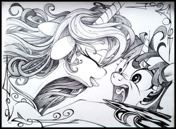 Size: 3800x2796 | Tagged: dead source, safe, artist:uminanimu, princess celestia, twilight sparkle, pony, g4, duo, eyes closed, female, grayscale, high res, mare, monochrome, open mouth, tongue out, traditional art