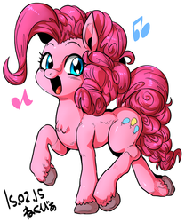 Size: 859x1030 | Tagged: safe, artist:nekubi, pinkie pie, g4, female, happy, looking at you, music notes, open mouth, raised hoof, smiling pinkie pie tolts left, solo, unshorn fetlocks