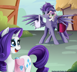 Size: 1024x958 | Tagged: safe, rarity, sweetie belle, oc, oc:kydose, pegasus, pony, unicorn, g4, blushing, canon x oc, female, love, male, ponyville, purse, raridose, saddle bag, shipping, straight