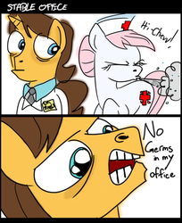 Size: 1300x1594 | Tagged: safe, artist:rainysunshine, doctor horse, doctor stable, nurse redheart, pony, unicorn, g4, angry, colored, comic, duo, female, germs, group, humor, male, mare, sneezing, stallion, wat