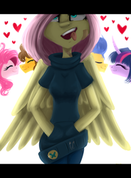 Size: 1024x1391 | Tagged: safe, artist:kyra--chan, cheese sandwich, flash sentry, fluttershy, pinkie pie, twilight sparkle, anthro, g4, bandaid, belt, clothes, female, heart, hearts and hooves day, male, ship:cheesepie, ship:flashlight, shipping, straight, sweater, sweatershy, tongue out, twilight sparkle (alicorn)