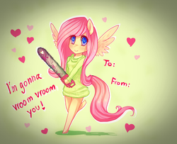 Size: 792x642 | Tagged: safe, artist:liliumena, fluttershy, anthro, g4, ambiguous facial structure, chainsaw, clothes, crossover, female, fluttershed, lollipop chainsaw, solo, sweatershy