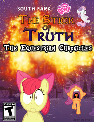 Size: 2550x3300 | Tagged: artist needed, safe, apple bloom, scootaloo, sweetie belle, g4, cutie mark crusaders, esrb, explosion, fanfic art, fanfic cover, high res, ponyville, south park, south park: the stick of truth, video game cover