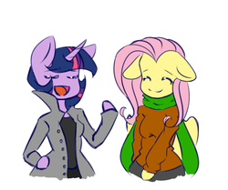 Size: 988x824 | Tagged: safe, artist:ridgessky, fluttershy, twilight sparkle, anthro, g4, ambiguous facial structure, clothes, scarf