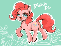 Size: 640x480 | Tagged: safe, artist:wan, pinkie pie, earth pony, pony, g4, cute, diapinkes, female, green background, leaf, looking at you, open mouth, simple background, smiling, smiling pinkie pie tolts left, solo
