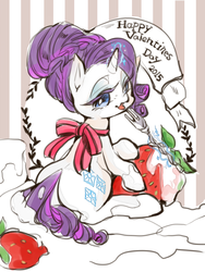 Size: 480x640 | Tagged: safe, artist:wan, rarity, g4, alternate hairstyle, apron, clothes, female, fork, solo, strawberry, valentine's day, whipped cream