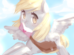 Size: 1280x960 | Tagged: safe, artist:marinakirby, derpy hooves, pegasus, pony, g4, cute, derpabetes, female, flying, letter, looking at you, mail, mailbag, mailmare, mare, mouth hold, solo, spread wings