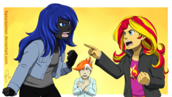 Size: 1515x853 | Tagged: safe, artist:hazurasinner, sunset shimmer, oc, oc:midnight storm, oc:squeaky wings, fanfic:the witching hour, equestria girls, g4, argument, dark skin, simple background, transparent background