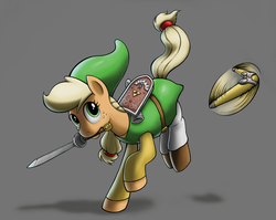 Size: 2000x1591 | Tagged: safe, artist:anearbyanimal, applejack, g4, applelink, blank flank, boomerang, clothes, cosplay, crossover, link, shading, super smash bros., sword, the legend of zelda, the legend of zelda: the wind waker, toon link, weapon