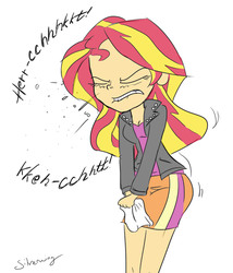 Size: 876x1024 | Tagged: safe, artist:silverwing, artist:sudosnz, edit, sunset shimmer, equestria girls, g4, cleavage, clothes, cute, female, handkerchief, jiggle, nostrils, skirt, sneezing, sneezing fetish, tissue