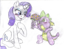 Size: 1554x1213 | Tagged: safe, artist:semijuggalo, rarity, spike, pony, unicorn, g4, blushing, bouquet, duo, female, kneeling, male, ship:sparity, shipping, straight, traditional art