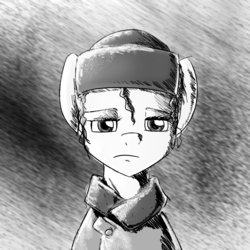 Size: 2000x2000 | Tagged: safe, artist:whisperfoot, oc, oc only, oc:nofuckingnamebitch, earth pony, pony, black and white, clothes, coat, grayscale, hat, high res, monochrome, russian, sad, sketch, solo, ushanka