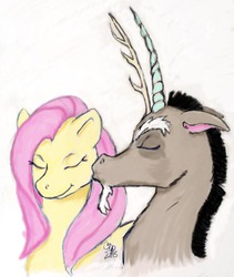 Size: 693x823 | Tagged: safe, artist:catnel, discord, fluttershy, g4, eyes closed, female, interspecies, kissing, male, ship:discoshy, shipping, straight