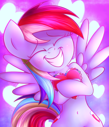 Size: 3000x3500 | Tagged: safe, artist:heavymetalbronyyeah, rainbow dash, pegasus, pony, semi-anthro, g4, abstract background, belly button, bipedal, both cutie marks, cute, dashabetes, eyes closed, female, happy, high res, holiday, mare, solo, valentine, valentine's day, valentine's day card