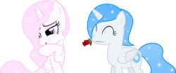Size: 4408x1833 | Tagged: safe, artist:fuzzybrushy, princess celestia, oc, oc:white flare, g4, ^^, canon x oc, eyes closed, female, filly, hair over one eye, lesbian, mouth hold, pink-mane celestia, rose, shipping, shy, simple background, sitting, smiling, transparent background, vector