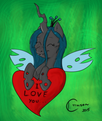 Size: 1800x2121 | Tagged: safe, artist:crimson, queen chrysalis, g4, female, heart, hearts and hooves day, smiling, solo, valentine's day