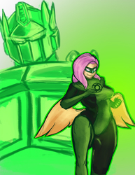 Size: 2550x3300 | Tagged: safe, artist:checkerboardazn, fluttershy, human, g4, bodysuit, breasts, busty fluttershy, crossover, dc comics, female, green lantern, high res, humanized, light skin, optimus prime, solo, transformers, winged humanization