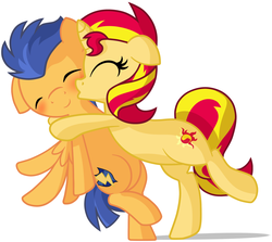 Size: 1280x1144 | Tagged: safe, artist:furrgroup, flash sentry, sunset shimmer, pegasus, pony, unicorn, g4, backwards cutie mark, bipedal, cheek kiss, couple, cute, diasentres, duo, eyes closed, female, floppy ears, hug, kissing, love, male, raised leg, shimmerbetes, ship:flashimmer, shipping, simple background, smiling, spread wings, straight, white background