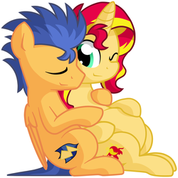 Size: 1280x1282 | Tagged: safe, artist:furrgroup, flash sentry, sunset shimmer, pegasus, pony, unicorn, g4, backwards cutie mark, couple, cuddling, cute, diasentres, duo, eyes closed, female, hug, love, male, out of context, pregnant, shimmerbetes, ship:flashimmer, shipping, simple background, sitting, smiling, snuggling, straight, white background, wink