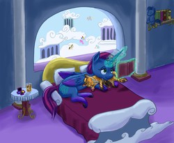 Size: 2496x2048 | Tagged: safe, artist:snapai, derpy hooves, pinkie pie, wild fire, oc, oc:snowdrop, alicorn, cat, pony, g4, alicorn oc, bed, bedroom, book, commission, high res, levitation, magic, on side, plushie, reading, smiling, telekinesis, underhoof, wings