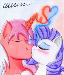Size: 817x960 | Tagged: safe, artist:the1king, rarity, oc, oc:burning passion, g4, canon x oc, kissing