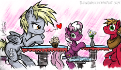 Size: 1500x863 | Tagged: safe, artist:flutterthrash, big macintosh, cheerilee, derpy hooves, earth pony, pony, g4, alternate hairstyle, cargo ship, heart, male, muffin, ship:cheerimac, shipping, stallion, straight, that pony sure does love muffins, trio