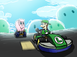 Size: 1500x1100 | Tagged: safe, artist:redstoneengine, oc, oc:fluffle puff, crossover, looking back, luigi, male, mario kart, oh crap, racing, shocked, super mario bros.