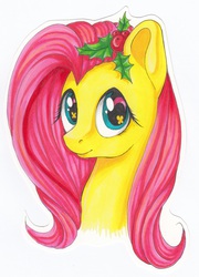 Size: 2845x3945 | Tagged: safe, artist:vird-gi, fluttershy, pony, g4, bust, female, high res, holly, leaves, leaves in hair, looking at you, mare, portrait, simple background, smiling, solo, three quarter view, traditional art, white background