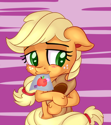 Size: 2000x2247 | Tagged: safe, artist:discorded, applejack, g4, female, hearts and hooves day, high res, mouth hold, solo, valentine