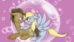 Size: 1024x585 | Tagged: safe, artist:avaflynn, derpy hooves, doctor whooves, time turner, pegasus, pony, g4, blushing, female, floppy ears, male, mare, prone, ship:doctorderpy, shipping, straight
