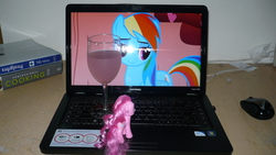 Size: 3072x1728 | Tagged: safe, pinkie pie, rainbow dash, earth pony, pegasus, pony, g4, brushable, compaq, computer, computer mouse, female, forever alone, irl, laptop computer, lesbian, mare, meme, photo, ship:pinkiedash, shipping, toy