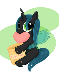 Size: 612x792 | Tagged: safe, artist:poppun, queen chrysalis, changeling, changeling queen, nymph, g4, bag, cute, cutealis, female, filly, heart, sitting, solo, younger