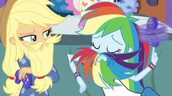 Size: 1885x1053 | Tagged: safe, artist:thecheeseburger, edit, edited screencap, screencap, applejack, rainbow dash, equestria girls, g4, beard, beard edit, duo, eyes closed, frown, grin, raised eyebrow, smiling