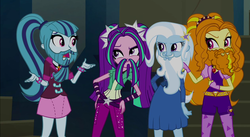 Size: 1262x694 | Tagged: safe, artist:thecheeseburger, edit, edited screencap, screencap, adagio dazzle, aria blaze, sonata dusk, trixie, equestria girls, g4, beard, beard edit, facial hair, moustache edit, the dazzlings