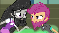 Size: 1293x717 | Tagged: safe, artist:thecheeseburger, edit, edited screencap, screencap, octavia melody, scootaloo, equestria girls, g4, argument, beard, beard edit, bowtie, button-up shirt, child, clothes, duo, eyebrows, female to male, glare, hair, hoodie, implied possession, looking at each other, looking at someone, personality change, raised eyebrow, rule 63, shirt, skirt, sweater, teenager, unamused, vest, zipper