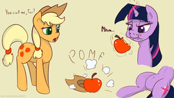 Size: 2130x1202 | Tagged: safe, artist:augustbebel, applejack, twilight sparkle, earth pony, pony, unicorn, g4, apple, applejack becoming an apple, dialogue, eating, female, food, food transformation, implied death, inanimate tf, mare, pomf, preyjack, simple background, stomach noise, transformation, twipred, vore, why