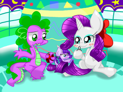 Size: 1600x1200 | Tagged: safe, artist:lovehtf421, rarity, spike, oc, oc:crystal clarity, dracony, dragon, hybrid, pony, unicorn, kilalaverse, g4, female, interspecies offspring, male, offspring, older, older spike, parent:rarity, parent:spike, parents:sparity, ship:sparity, shipping, straight