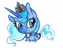 Size: 400x306 | Tagged: safe, artist:cespuglia2008, princess luna, alicorn, pony, g4, chibi, female, looking back, mare, simple background, solo, traditional art, white background