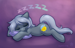 Size: 1200x780 | Tagged: safe, artist:onnanoko, oc, oc only, oc:sleepyhead, pony, onomatopoeia, pillow, sleeping, solo, sound effects, zzz