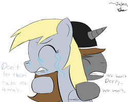 Size: 1000x800 | Tagged: safe, artist:nostalgiagamerjs, derpy hooves, oc, pegasus, pony, g4, abuse, canon x oc, crying, derpybuse, derpygate, eyes closed, female, frown, gritted teeth, hug, lip bite, mare, runny nose, sad, save derpy, slowpoke
