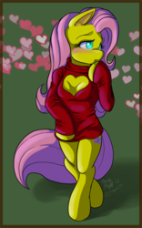 Size: 438x700 | Tagged: safe, artist:carriepika, fluttershy, anthro, g4, arm hooves, blushing, boob window, clothes, female, heart, heart eyes, heart shaped boob window, keyhole turtleneck, open-chest sweater, solo, sweater, sweatershy, turtleneck, wingding eyes