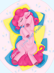 Size: 400x541 | Tagged: safe, artist:littlewolfstudios, pinkie pie, g4, belly, female, nap, open mouth, pillow, sleeping, snooze, solo, teeth, tongue out, watermark