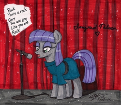 Size: 1352x1176 | Tagged: safe, artist:newyorkx3, maud pie, g4, clothes, curtains, dialogue, dress, female, mare, microphone, singing, solo, traditional art